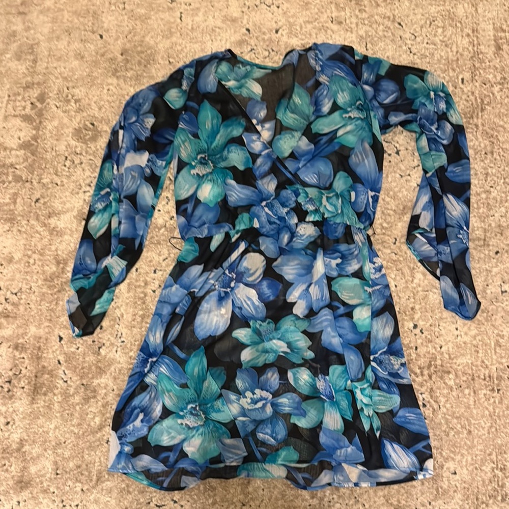 Floral Blue and Black Long Sleeve Dress
